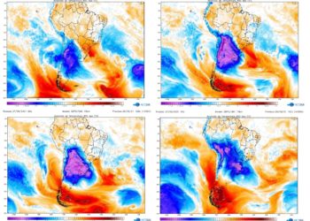 Mapas de anomalia de temperatura em 850 hPa (1.500 metros) mostram a abrangência da massa de ar polar, a sua forte intensidade e progressão pela América do Sul