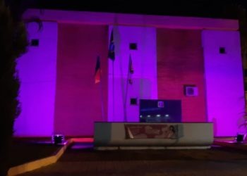 Prefeitura está iluminada na cor rosa, em alusão à campanha Foto: Luana Corteletti/Prefeitura de Riozinho