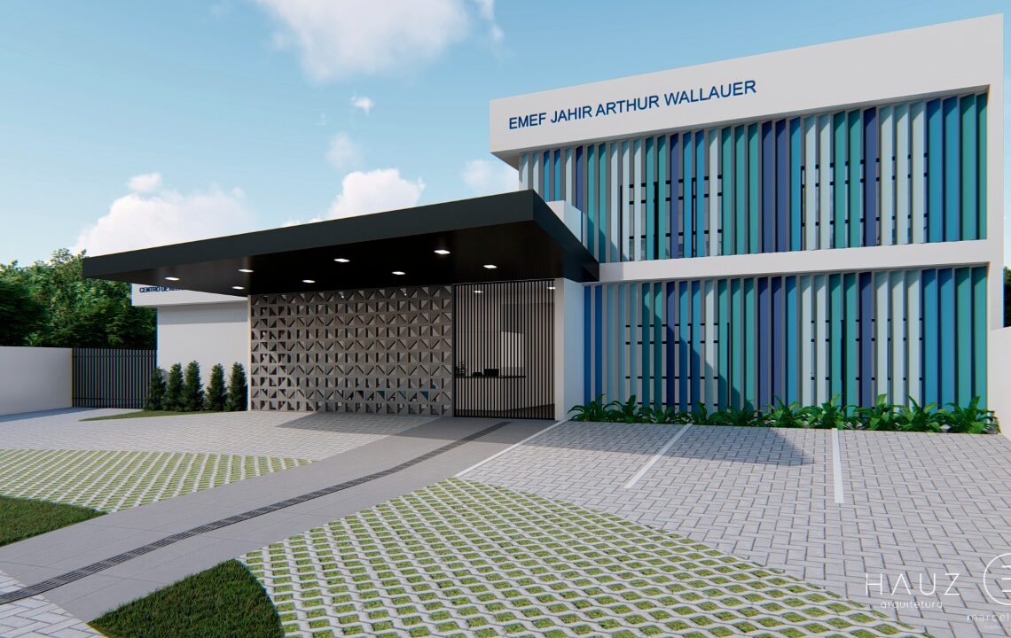Projeto 3D de como será a nova escola.
Foto: Divulgação / Prefeitura