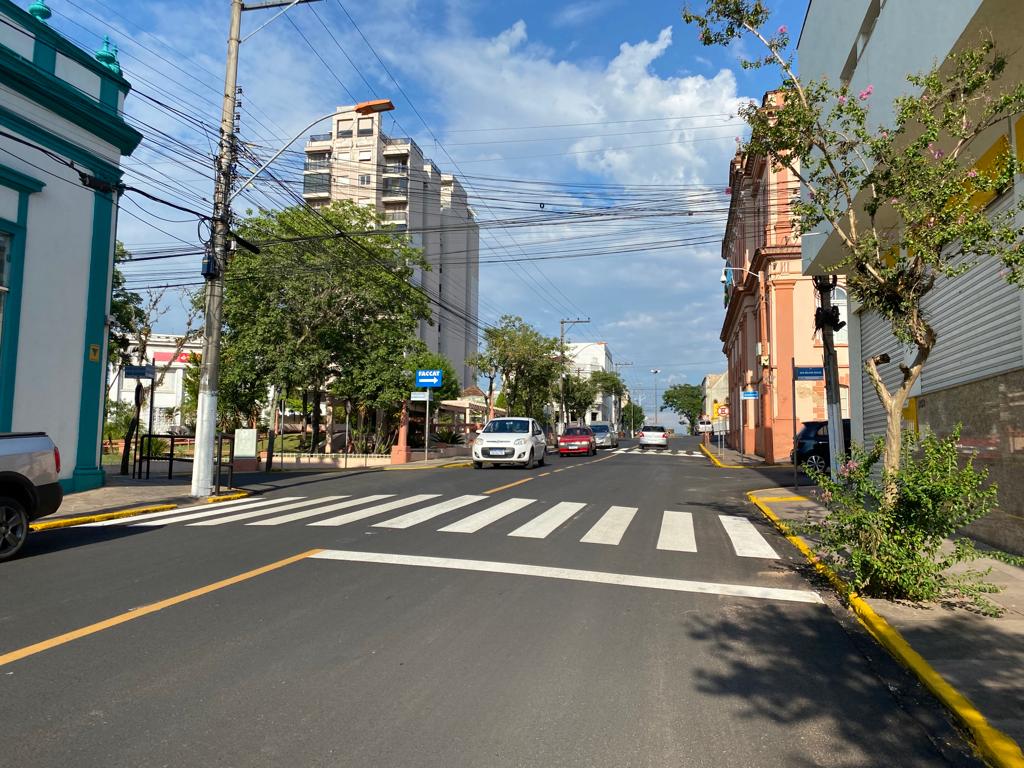 Faixas de pedestres revitalizadas no Centro de Taquara.
Foto: Igor dos Santos/Prefeitura de Taquara